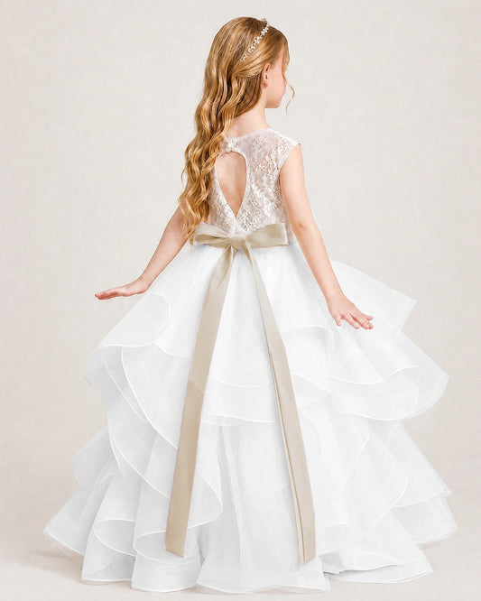 Champagne Tulle Ball Gown Girls Formal Dress Back View