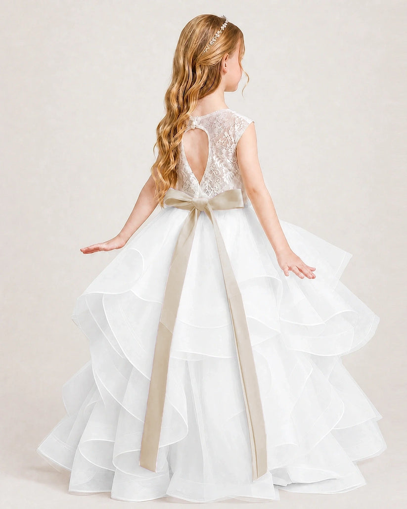 Champagne Tulle Ball Gown Girls Formal Dress Back View