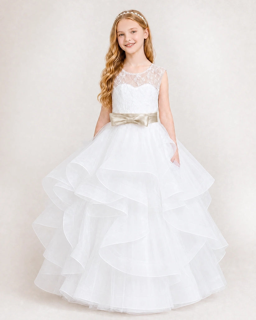 Champagne Tulle Ball Gown Girls Formal Dress Front View