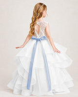 Dusty Blue Lace Ball Gown Girls Formal Dress Back View