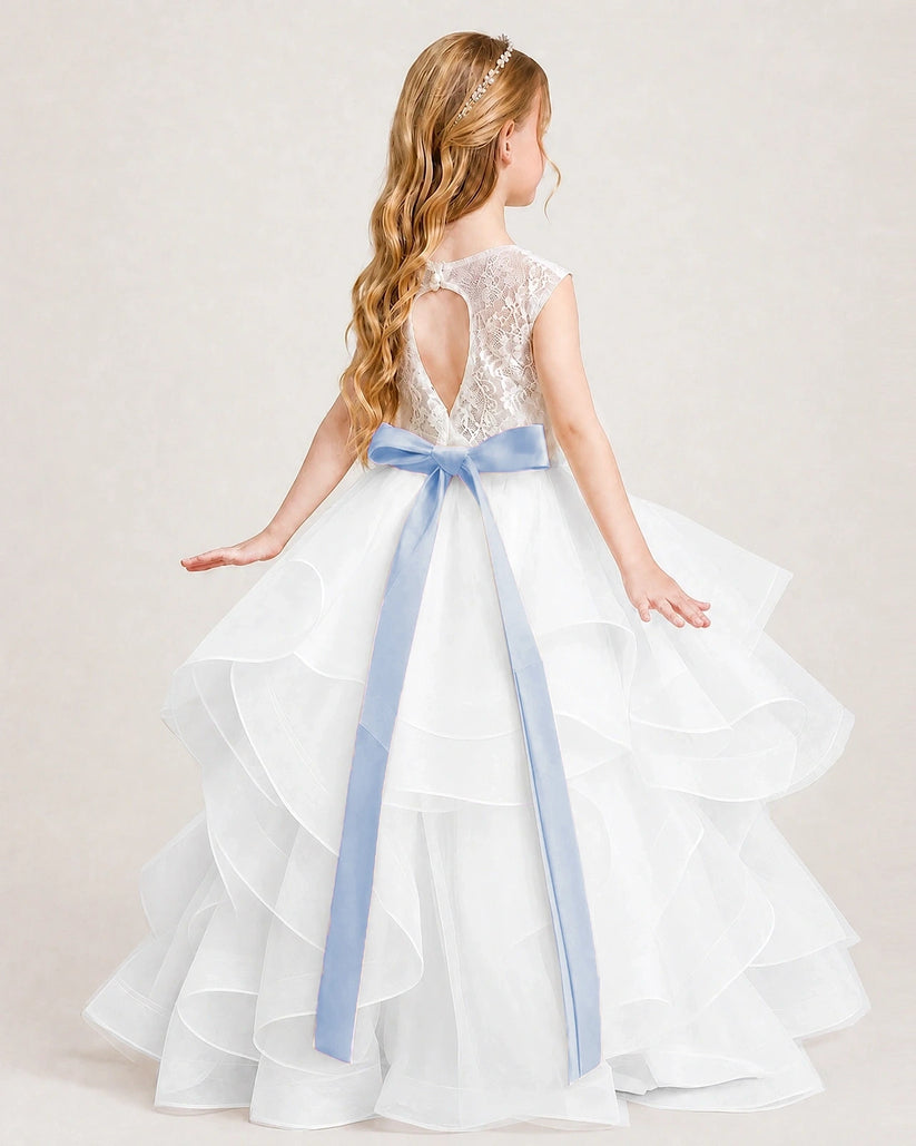 Dusty Blue Lace Ball Gown Girls Formal Dress Back View