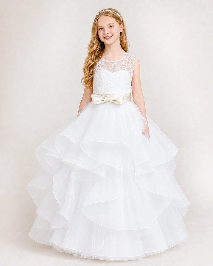Ivory Tulle Ball Gown Girls Formal Dress Front View