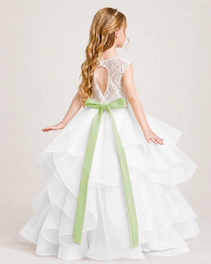 Sage Green Tulle A-line Girls Formal Dress Back View