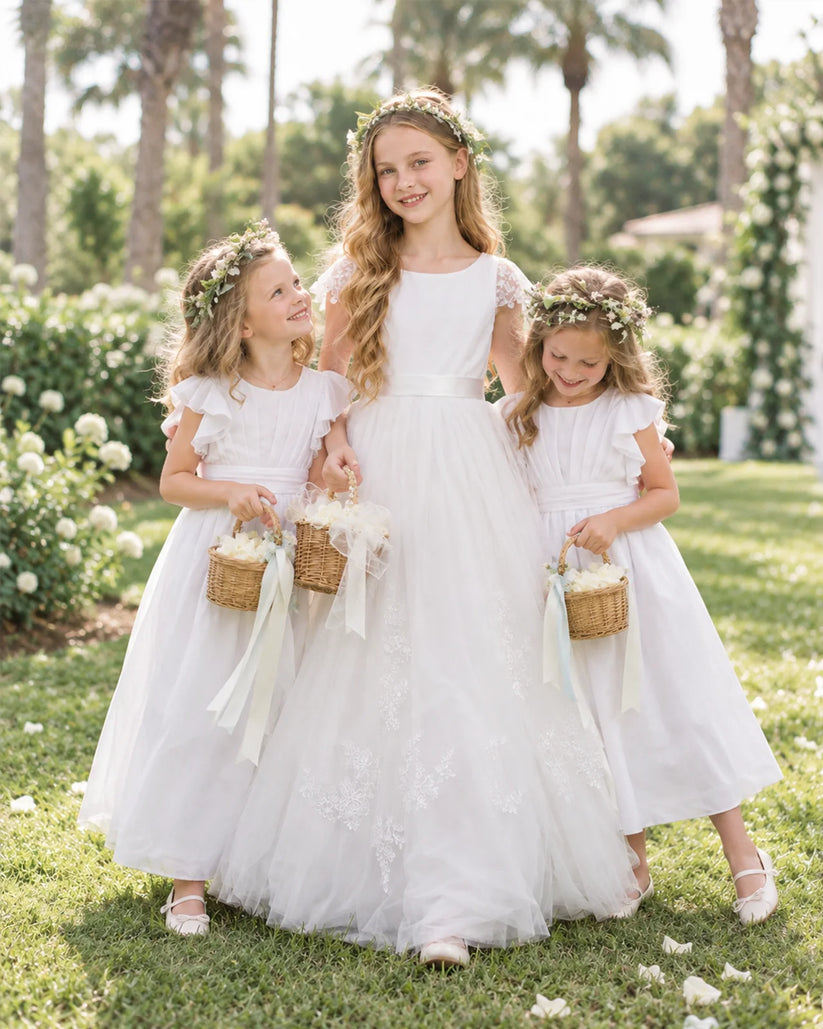 White Tulle A-line Flower Girl Dress Side View 