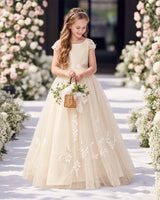 Champagne Tulle A-line Flower Girl Dress Front View