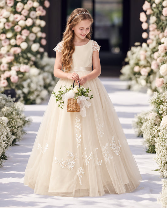 Champagne Tulle A-line Flower Girl Dress Front View