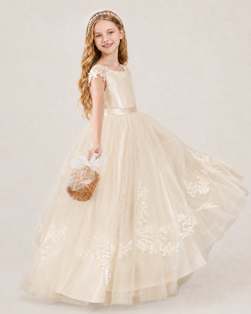 Champagne Tulle A-line Flower Girl Dress Side View