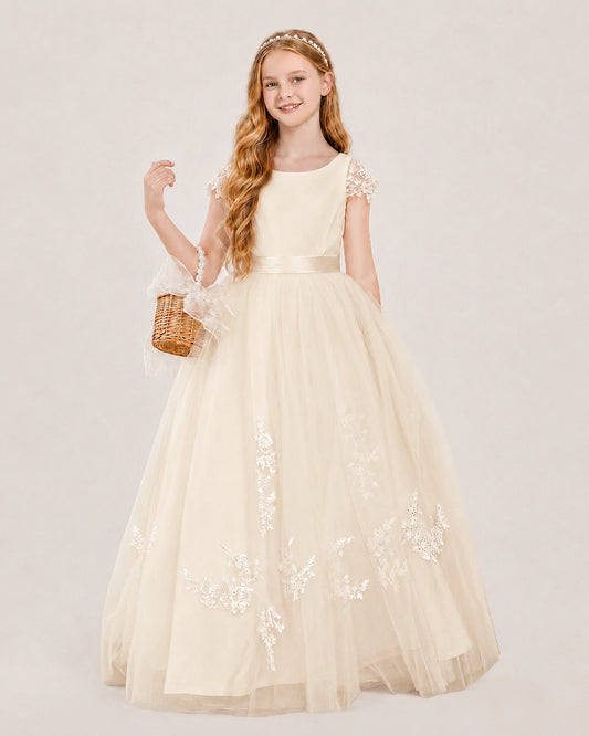 Champagne Tulle A-line Flower Girl Dress Front View