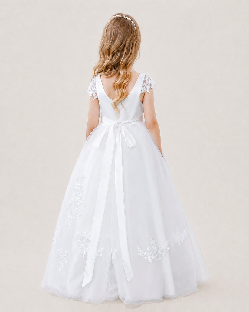 White Satin A-line Flower Girl Dress Back View