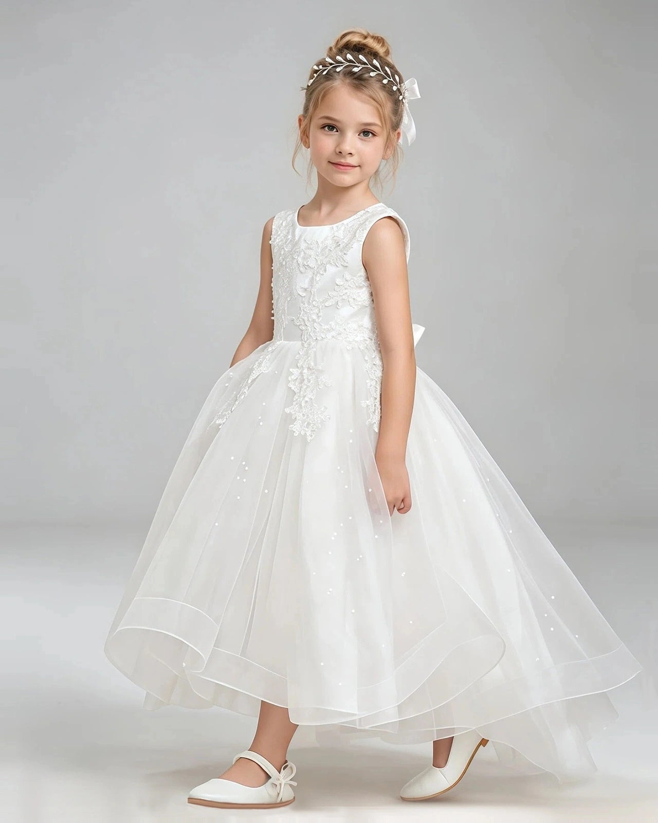Ivory Flower Girl Dress Floral Lace Applique Sparkly Tulle Princess Gown Front Full View