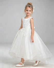 Ivory Flower Girl Dress Floral Lace Applique Sparkly Tulle Princess Gown Front Full View