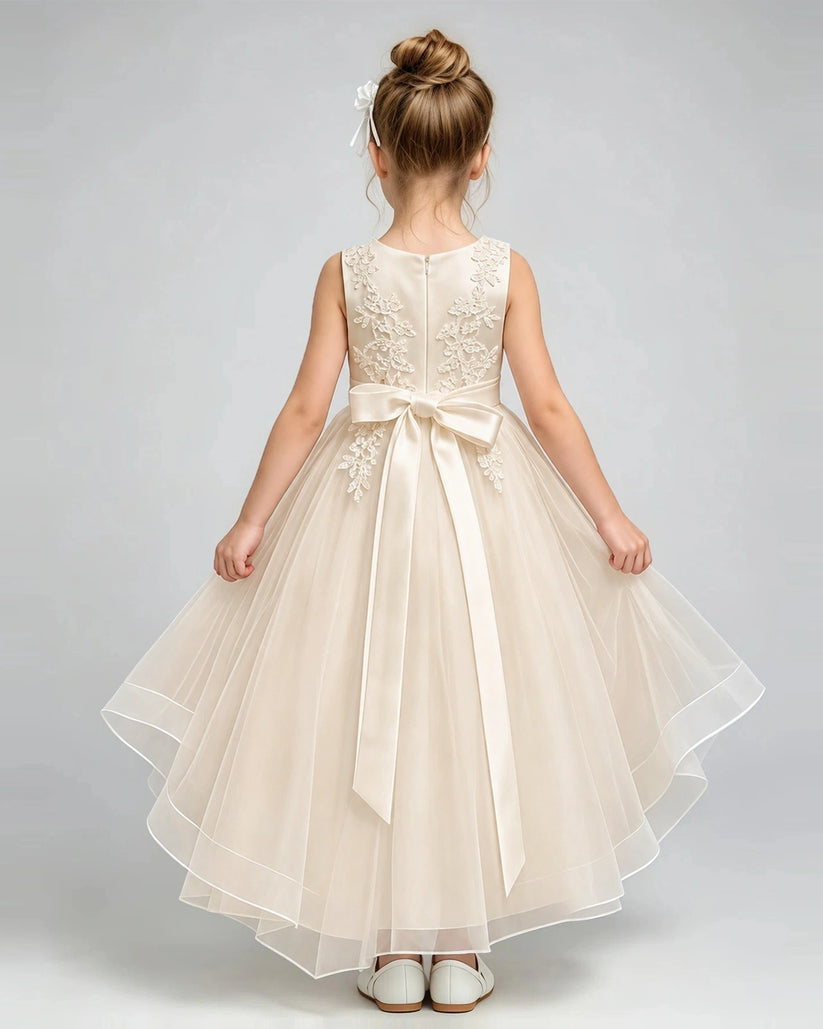 Champagne Tulle A-line Flower Girl Dress Back View