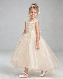 Champagne Flower Girl Dress Floral Lace Applique Sparkly Tulle Princess Gown Front Full View