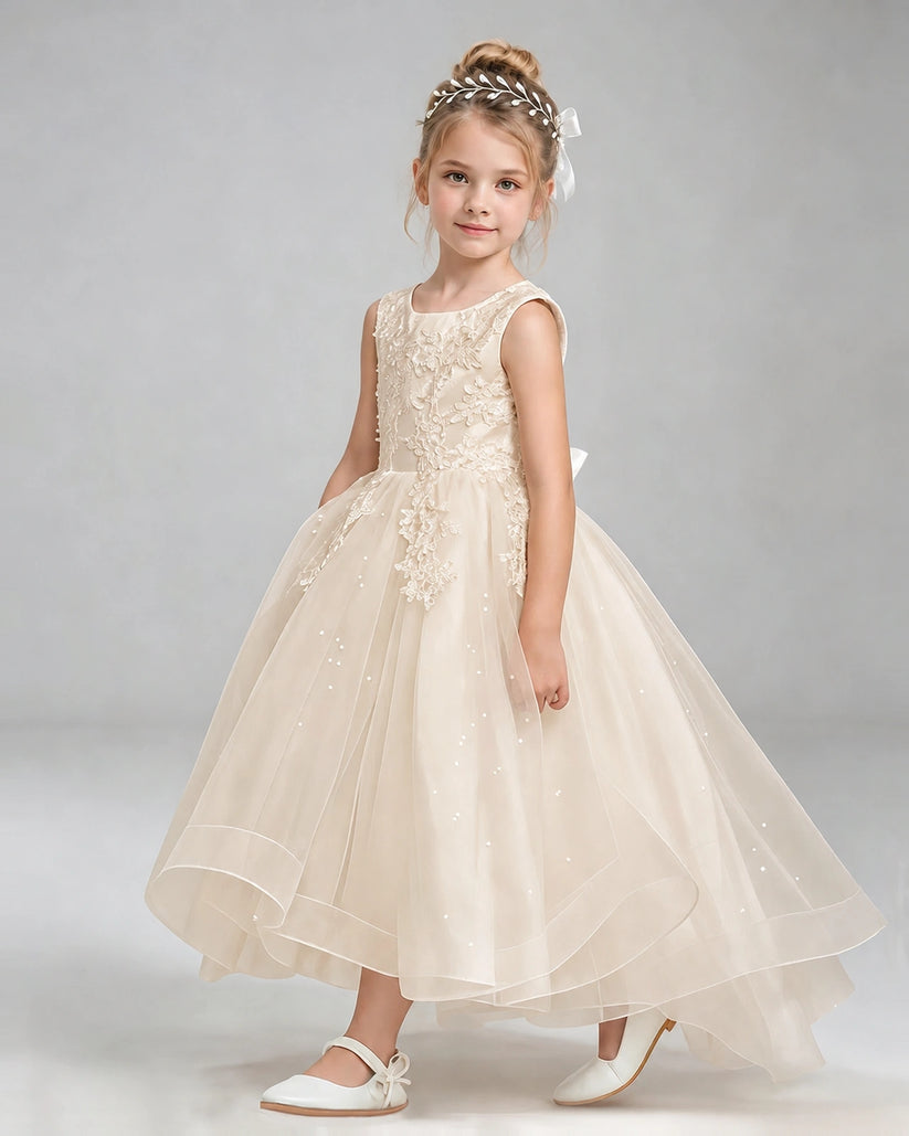 Champagne Tulle A-line Flower Girl Dress Side View