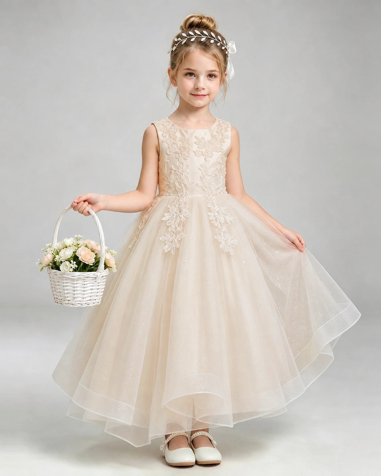 Champagne Flower Girl Dress Floral Lace Applique Sparkly Tulle Princess Gown Front Full View