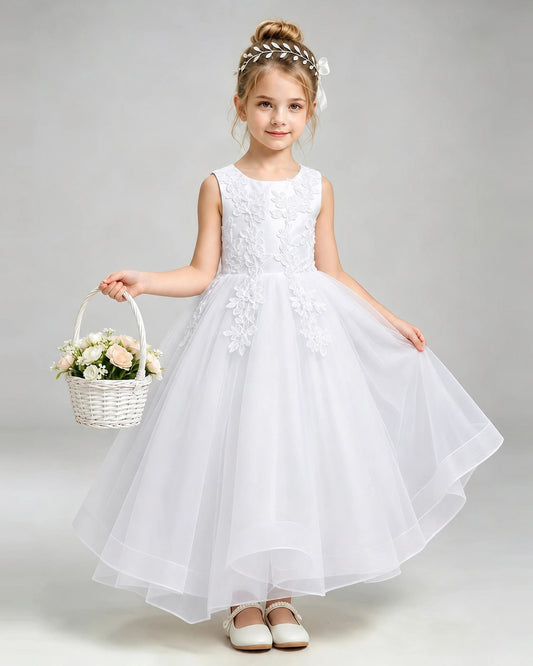 White Tulle A-line Flower Girl Dress Front View