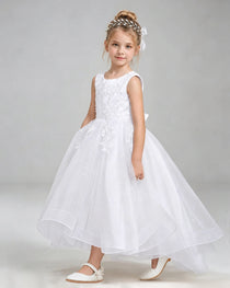White Flower Girl Dress Floral Lace Applique Sparkly Tulle Princess Gown Front Full View