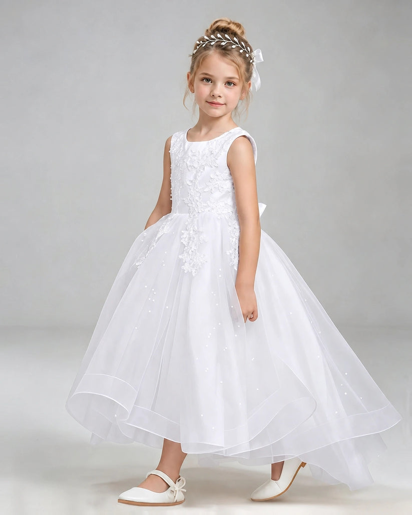 White Tulle A-line Flower Girl Dress Front View