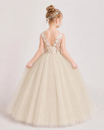 Dideyttawl Tulle Flower Girl Dress with Sequin Lace Bodice and V-Back