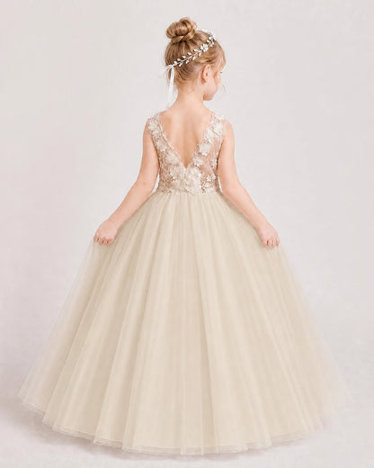 Champagne Tulle Ball Gown Flower Girl Dress Back View