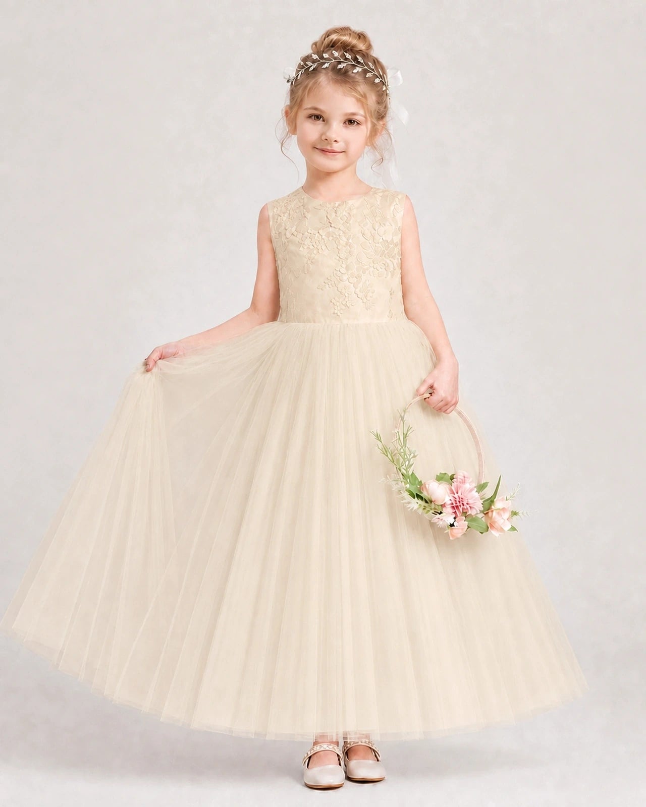 Champagne Tulle A-line Flower Girl Dress Front View
