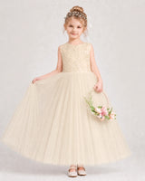 Champagne Tulle A-line Flower Girl Dress Front View