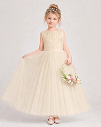 Dideyttawl Tulle Flower Girl Dress with Sequin Lace Bodice and V-Back
