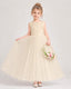 Dideyttawl Tulle Flower Girl Dress with Sequin Lace Bodice and V-Back