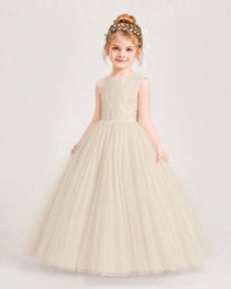 Dideyttawl Tulle Flower Girl Dress with Sequin Lace Bodice and V-Back