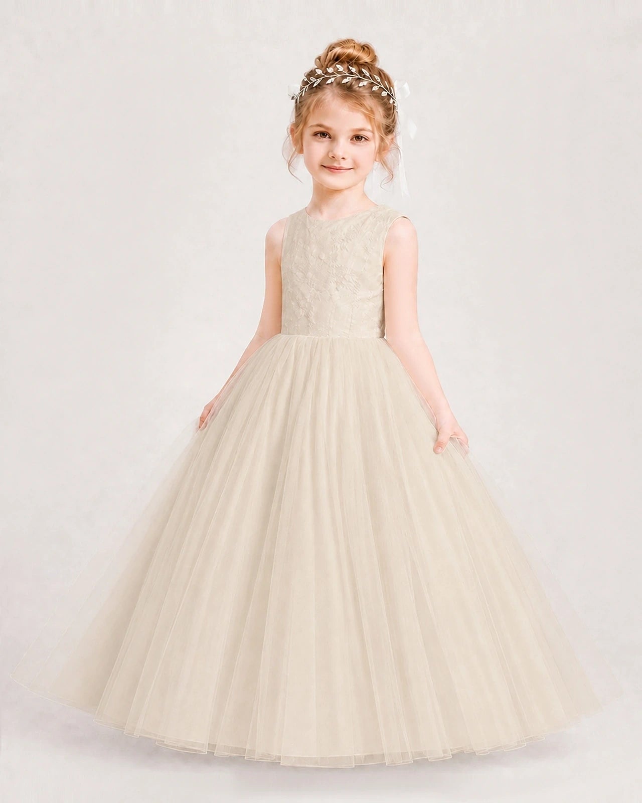 Dideyttawl Tulle Flower Girl Dress with Sequin Lace Bodice and V-Back