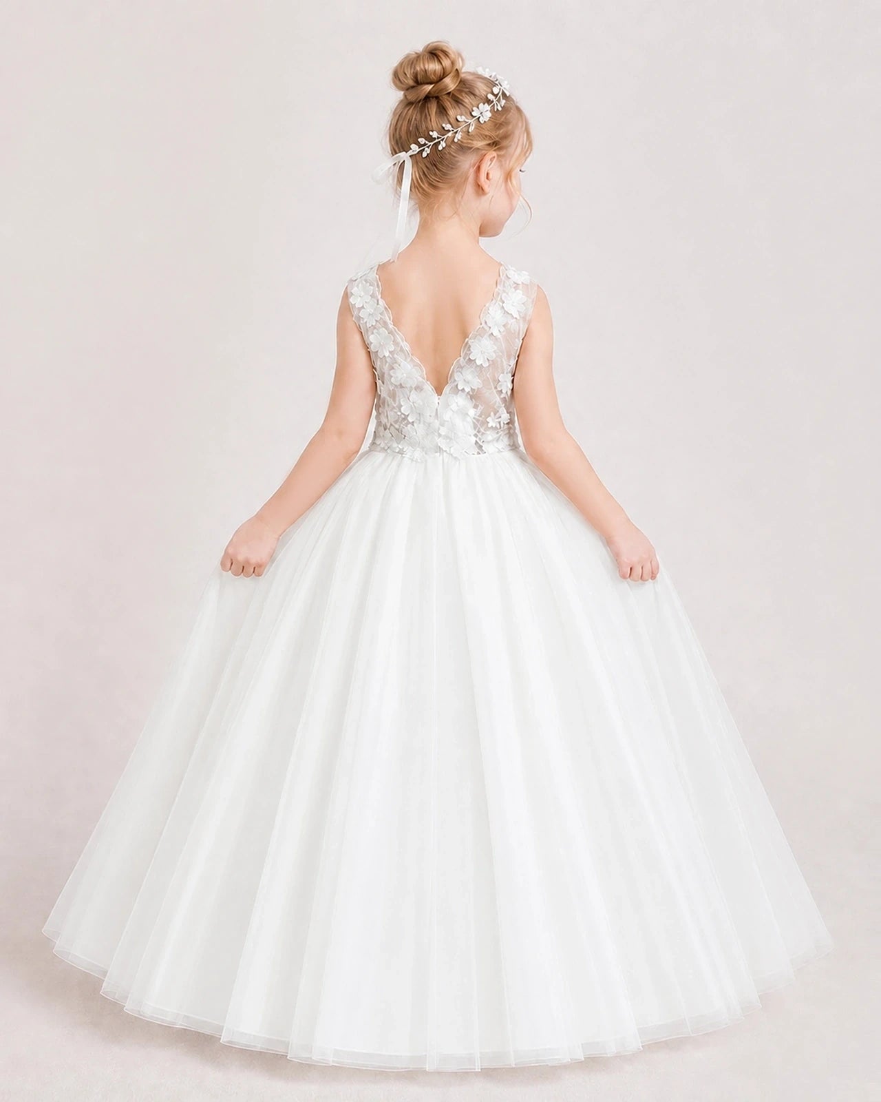 Ivory Tulle Ball Gown Flower Girl Dress Back View