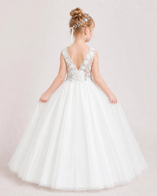 Ivory Tulle Ball Gown Flower Girl Dress Back View