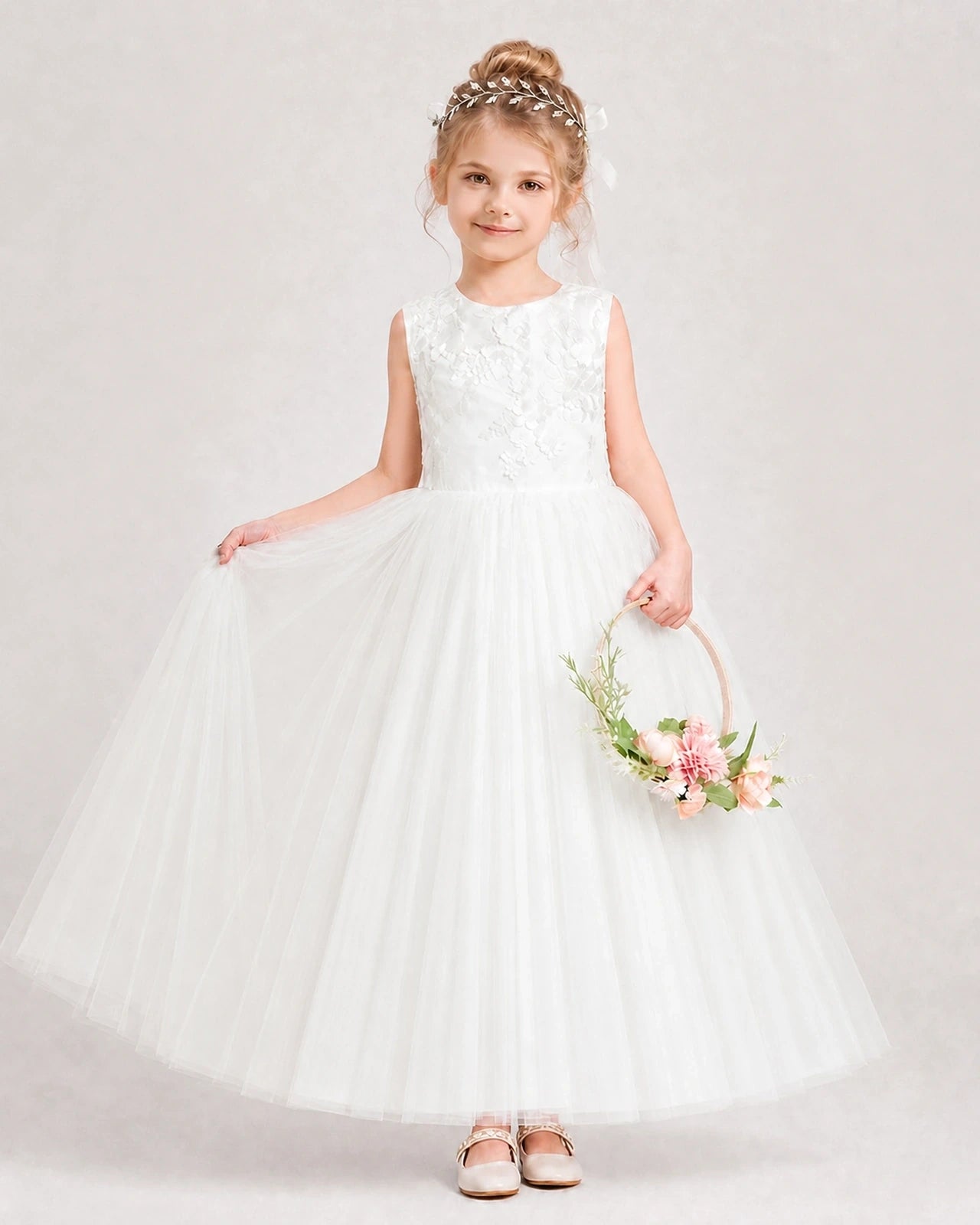 Dideyttawl Tulle Flower Girl Dress with Sequin Lace Bodice and V-Back
