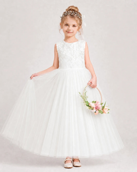 Ivory Tulle A-line Flower Girl Dress Front View