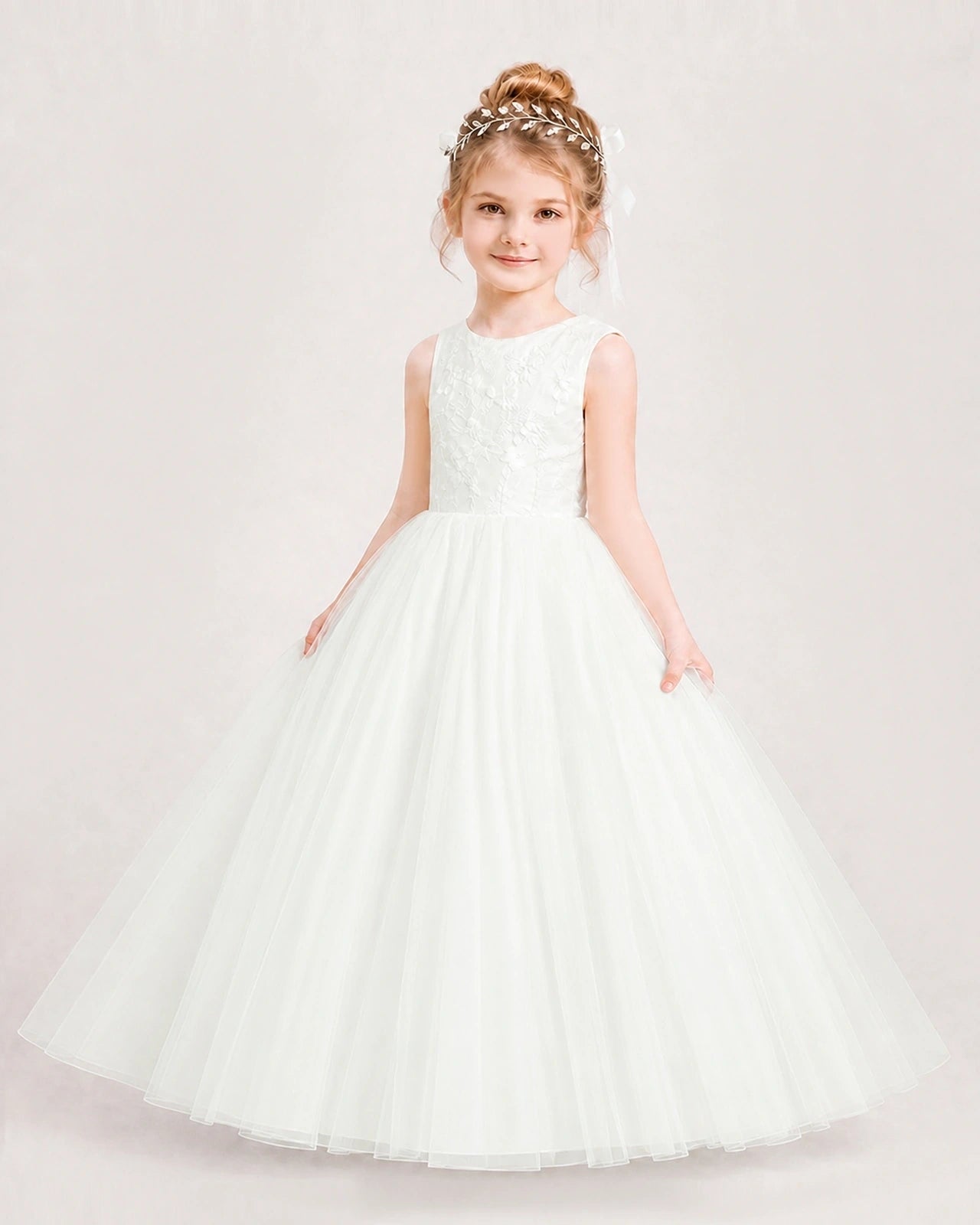 Ivory Tulle A-line Flower Girl Dress Side View