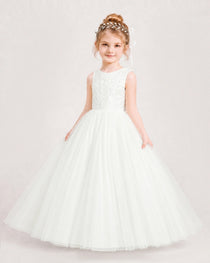 Dideyttawl Tulle Flower Girl Dress with Sequin Lace Bodice and V-Back