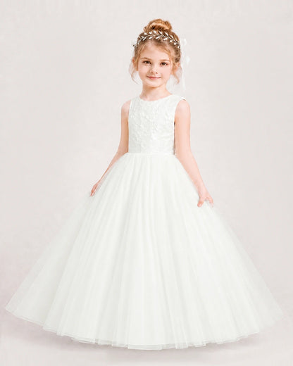 Ivory Tulle A-line Flower Girl Dress Side View