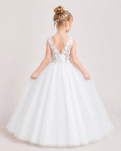 White Tulle Ball Gown Flower Girl Dress Back View