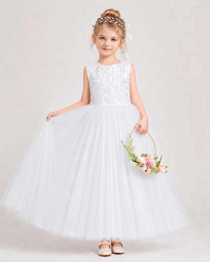 White Tulle A-line Flower Girl Dress Front View
