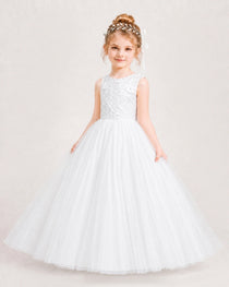 Dideyttawl Tulle Flower Girl Dress with Sequin Lace Bodice and V-Back