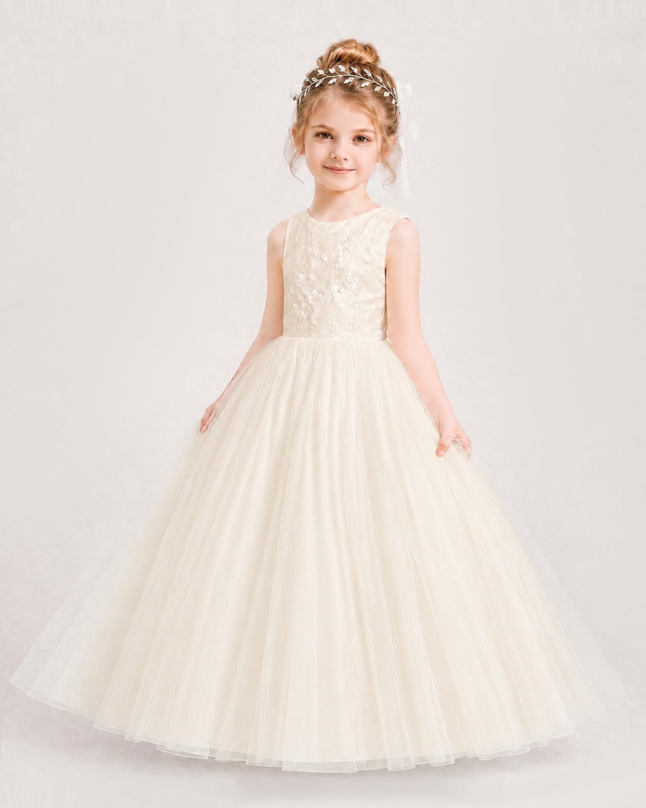 Champagne Flower Girl Dress Lace Bodice Puffy Tulle Princess Gown Front Full Pose Front View