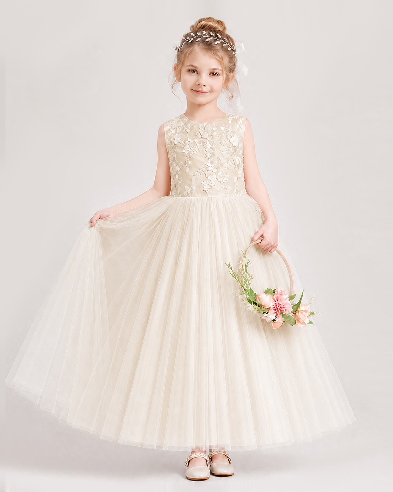 Champagne Flower Girl Dress Lace Bodice Puffy Tulle Princess Gown Front Full Pose Front View