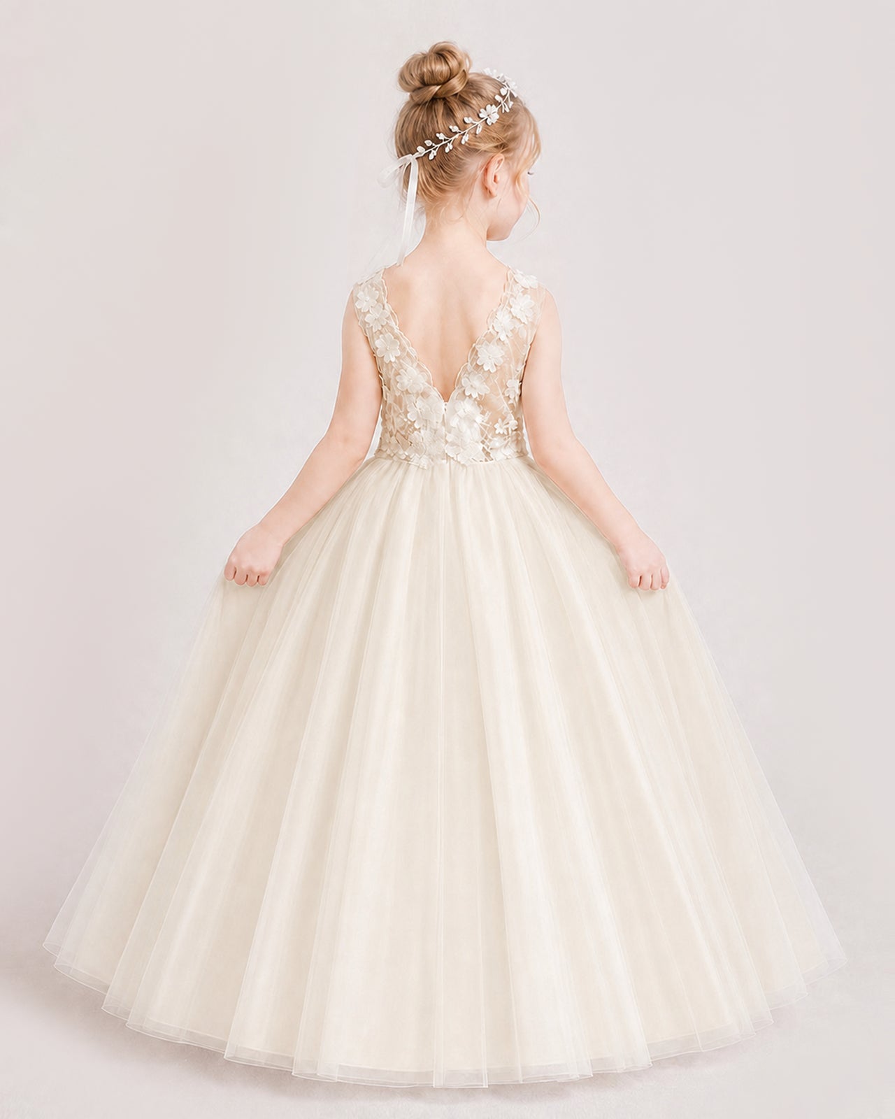 Champagne Flower Girl Dress Lace Bodice Puffy Tulle Princess Gown Front Full Pose Back View