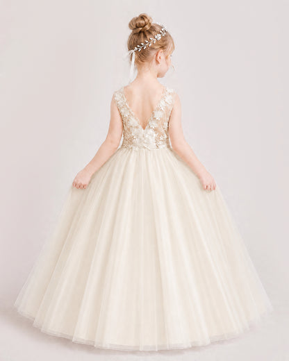 Champagne Flower Girl Dress Lace Bodice Puffy Tulle Princess Gown Front Full Pose Back View
