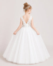 Ivory Flower Girl Dress Lace Bodice Puffy Tulle Princess Gown Front Full Pose Back View