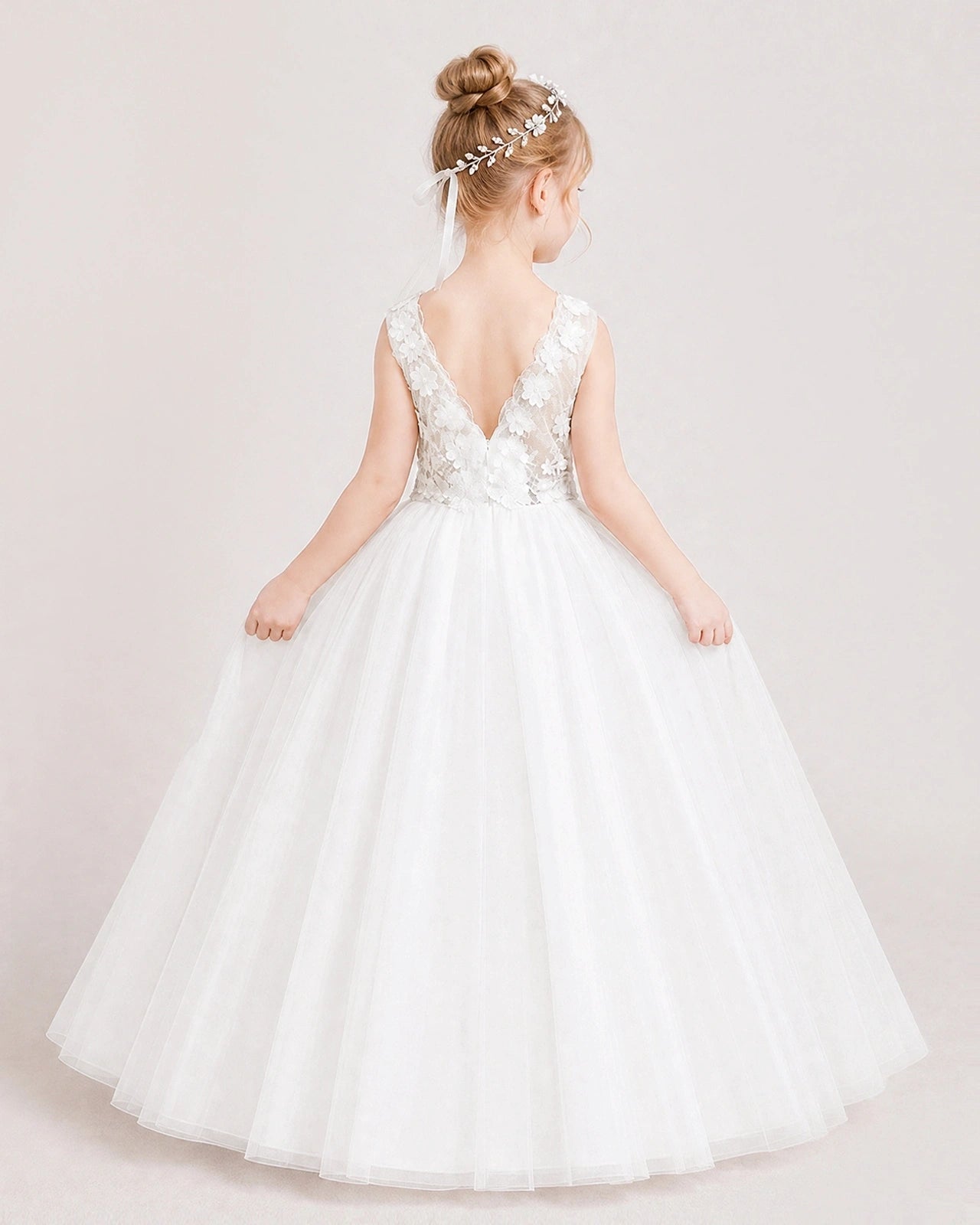 Ivory Flower Girl Dress Lace Bodice Puffy Tulle Princess Gown Front Full Pose Back View