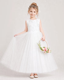 iVory Flower Girl Dress Lace Bodice Puffy Tulle Princess Gown Front Full Pose Front View