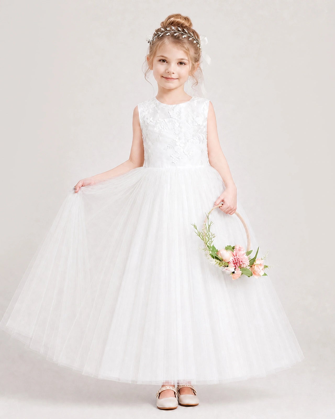 iVory Flower Girl Dress Lace Bodice Puffy Tulle Princess Gown Front Full Pose Front View