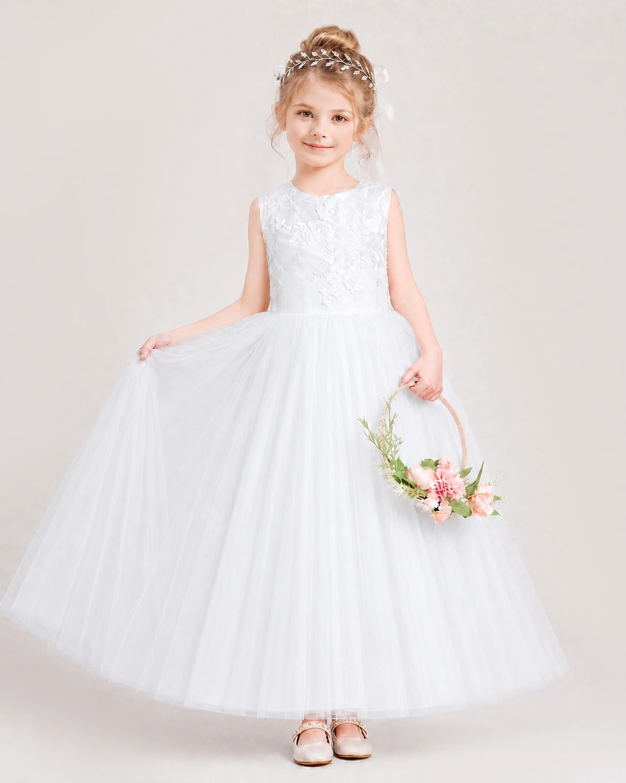 White Flower Girl Dress Lace Bodice Puffy Tulle Princess Gown Front Full Pose Front View