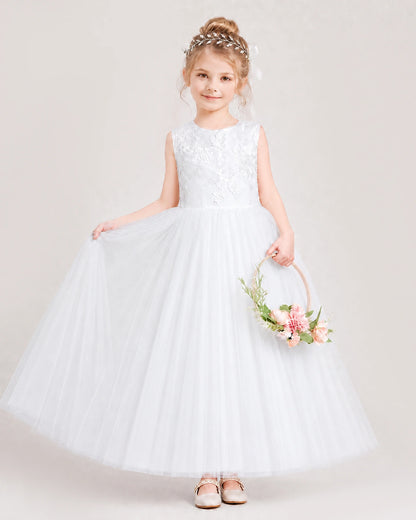 White Flower Girl Dress Lace Bodice Puffy Tulle Princess Gown Front Full Pose Front View